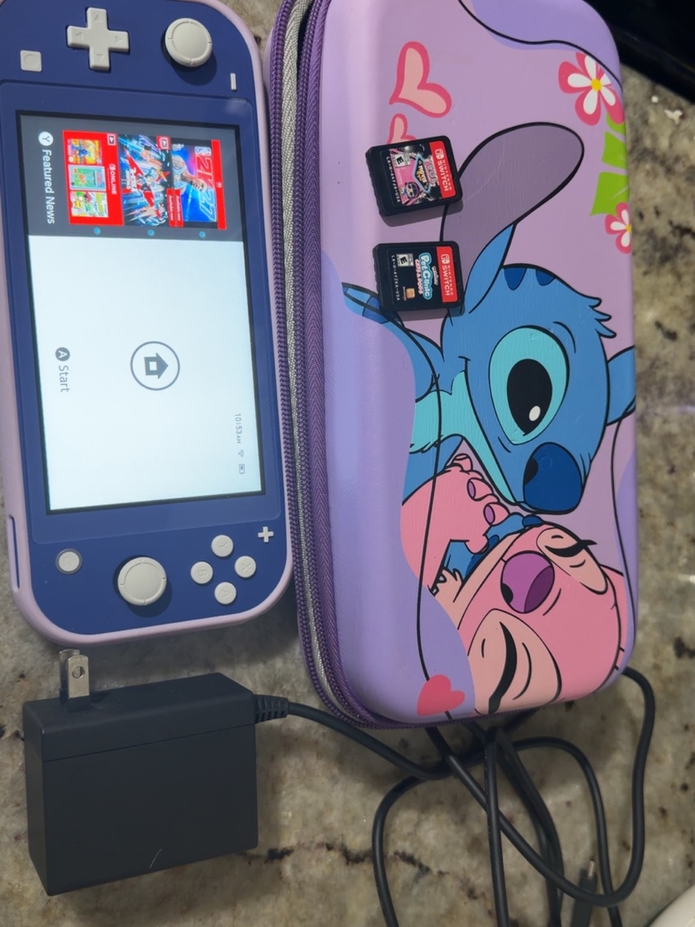 Nintendo Switch Lite Purple and White Handheld with Stitch Carry Case
